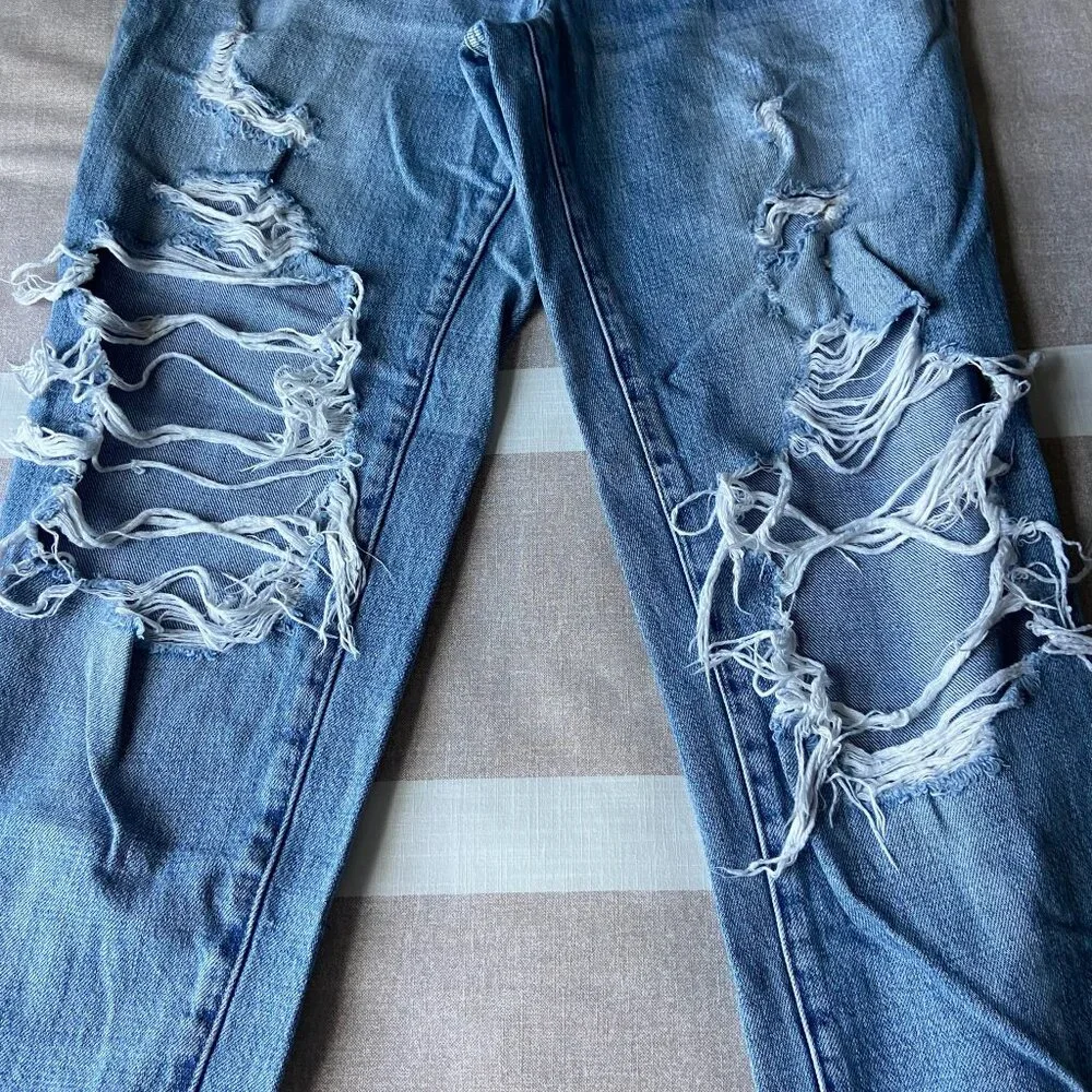 EUC Distressed Boyfriend Jeans with Heavy Rip Detail (Light Wash, Cuffed Hem) 27 - Picture 3 of 8
